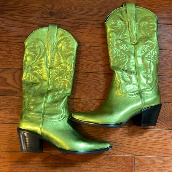 Jeffrey Campbell Green Heeled Boots Metallic Western - Picture 2 of 7